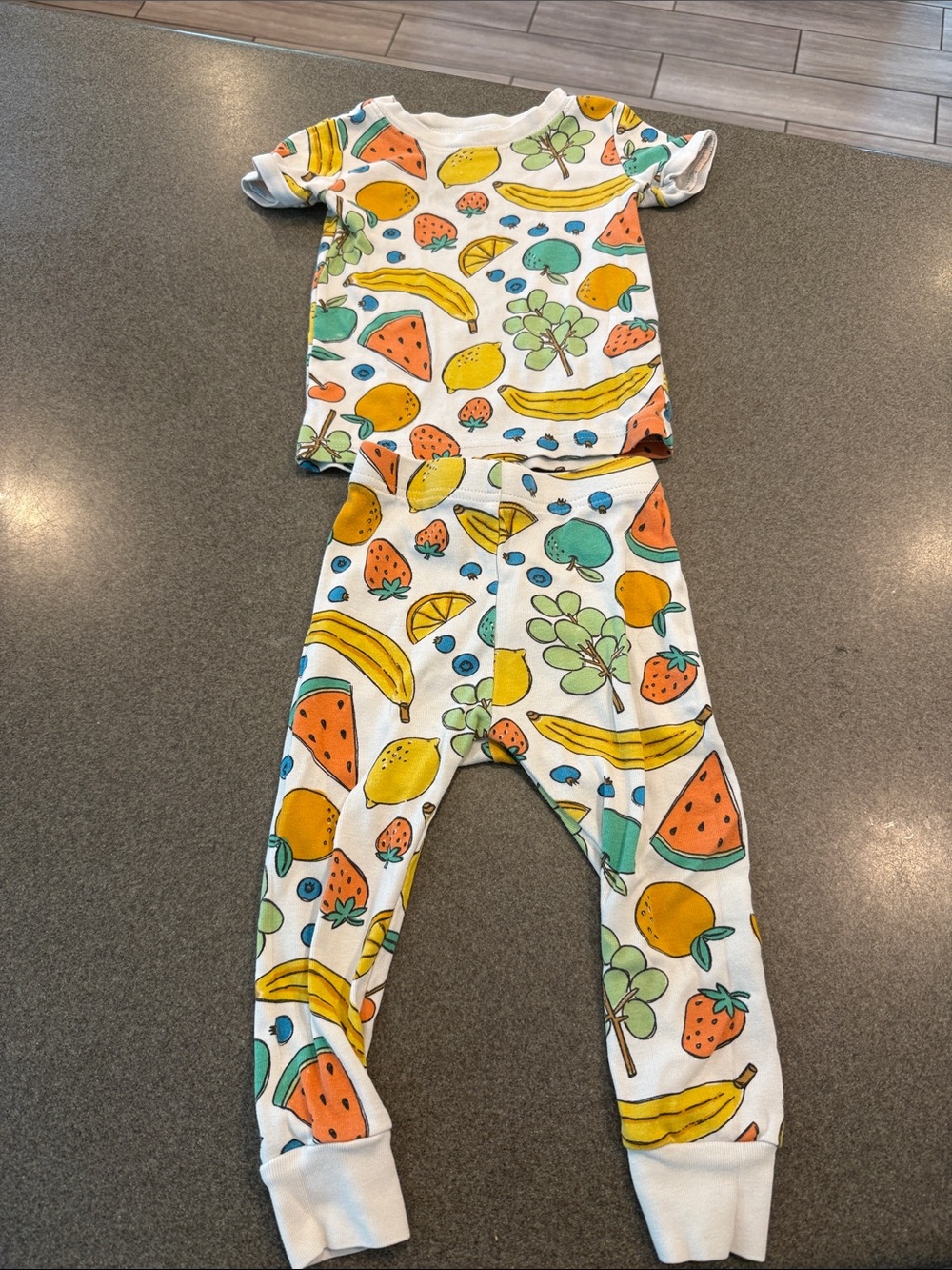 Old Navy White Kids Pajama Set with Yellow, Orange, Green and Blue Fruit Print